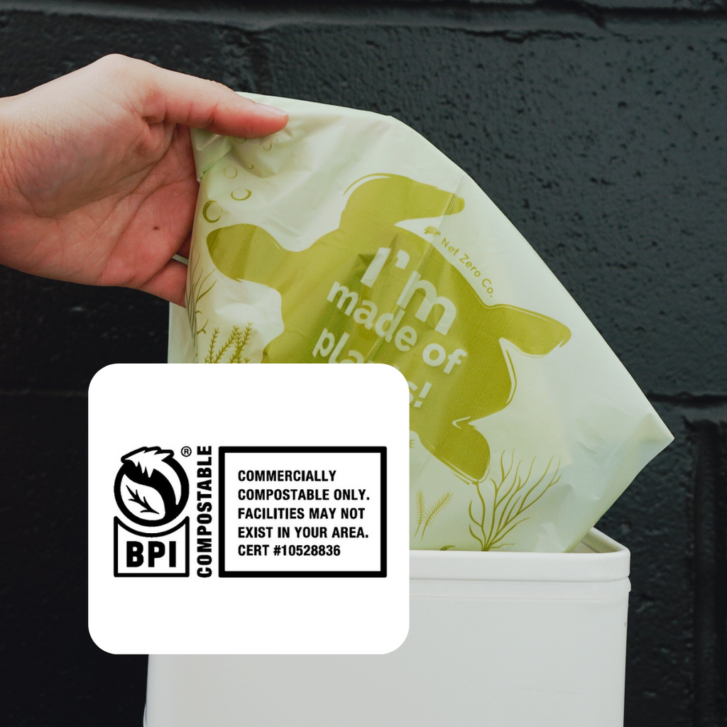 BPI certification label and certified compostable plant based garbage and waste bags