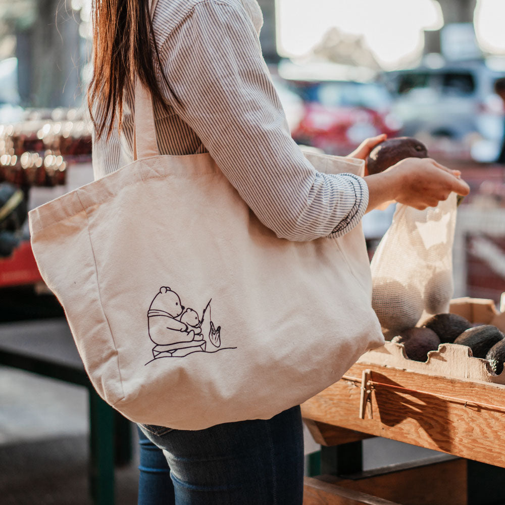 Organic Cotton Reusable Market Tote Bag with Bottle Pockets Single