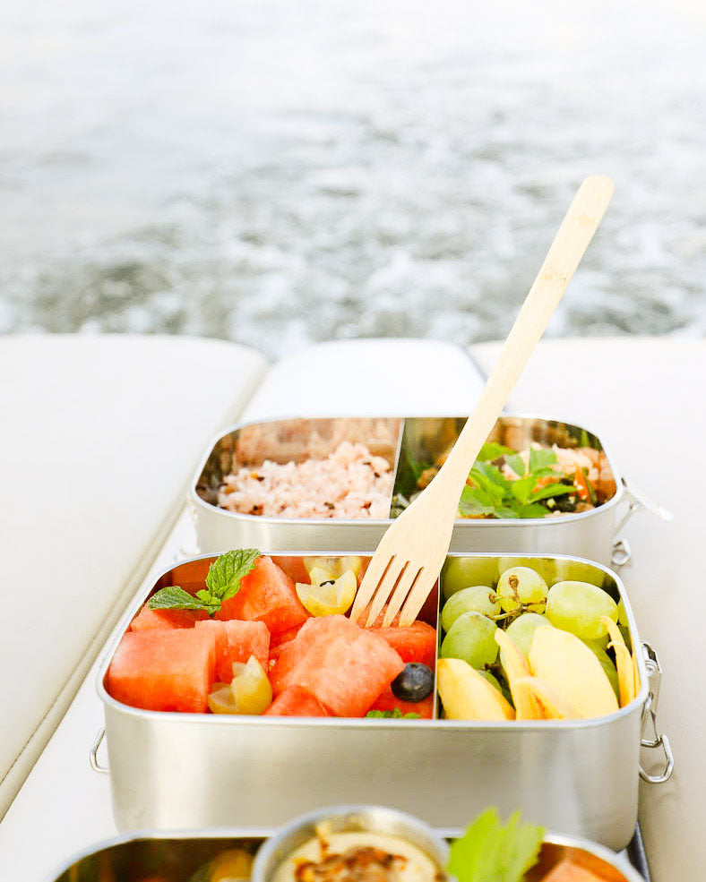 stainless steel bento boxes holding fresh fruit and snacks