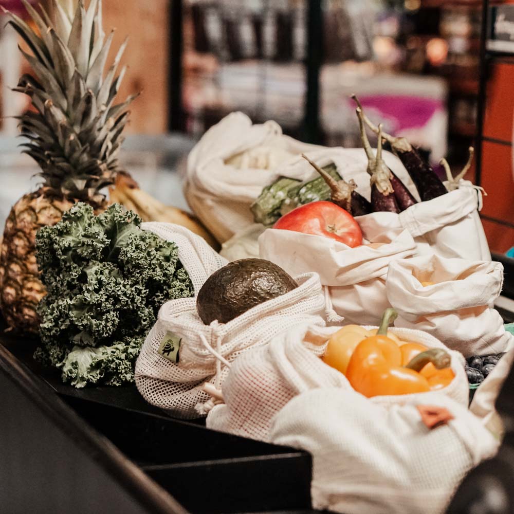 Reusable Cotton Mesh Produce Bags At The Checkout Line