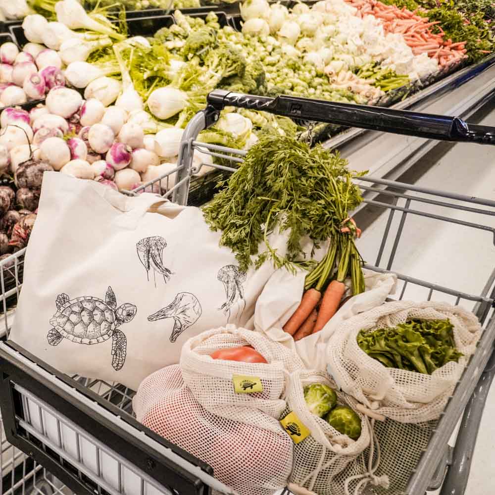 Net Zero Co. Cotton Mesh Produce Bags At Grocery Store With Variety Of Produce 