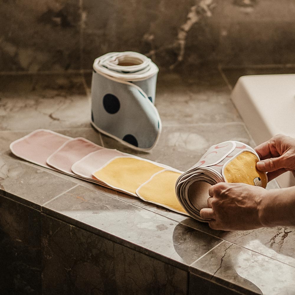 Rolling Net Zero Co. reusable toilet paper to be used in the bathroom