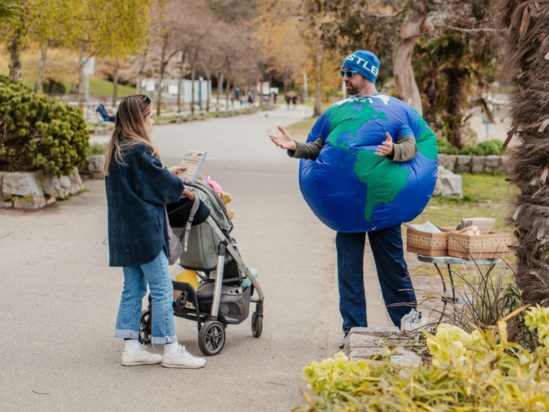 Talking to strangers dressed as planet earth.