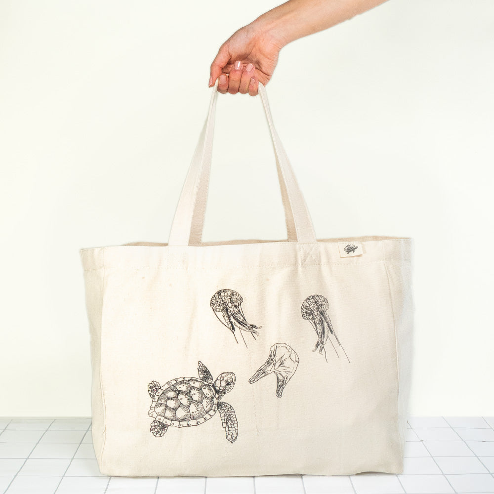 Holding Large Canvas Tote Bag With Pockets With Turtle Jellyfish Design For Groceries